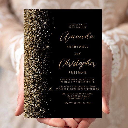 Moderne Black Gold Imitate Glitzer Script Hochzeit Einladung