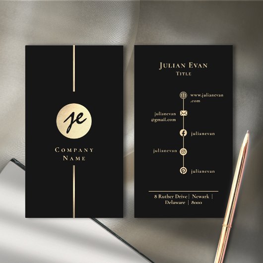 Moderne Black Gold Luxe Monogram Business Card Visitenkarte