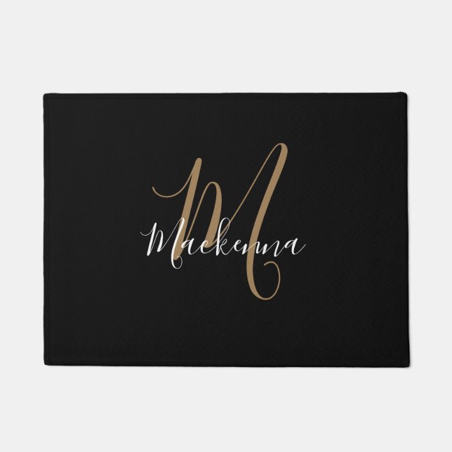 Moderne Black Gold Monogram Chic Girl Script Name Fußmatte (Vorderseite)