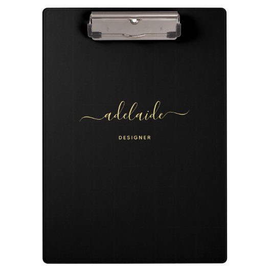 Moderne Black Gold Monogram Chic Girl Script Name Klemmbrett (Vorderseite)
