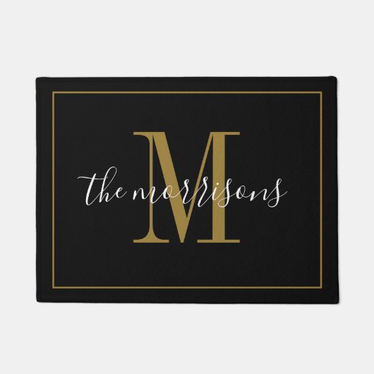 Moderne Black Gold Monogram Newlyweds Wedding Fußmatte (Vorderseite)