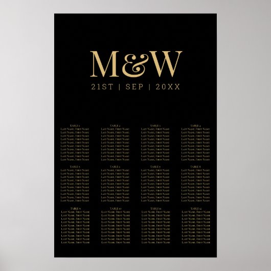 Moderne Black Gold Monogram Seating Chart Poster (Vorne)