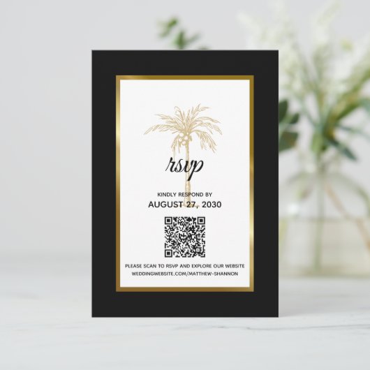 Moderne Black Gold Palm Tree Moderne Hochzeit RSVP Karte (Stehend Vorderseite)