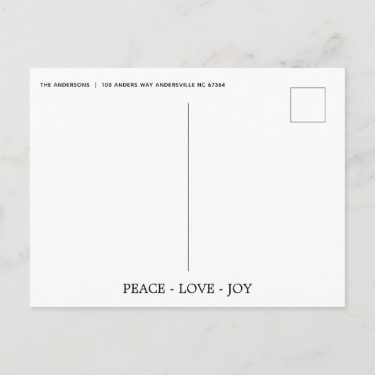 Moderne Black & Gold Peace Liebe Joy Christmas Tre Ankündigungspostkarte (Rückseite)