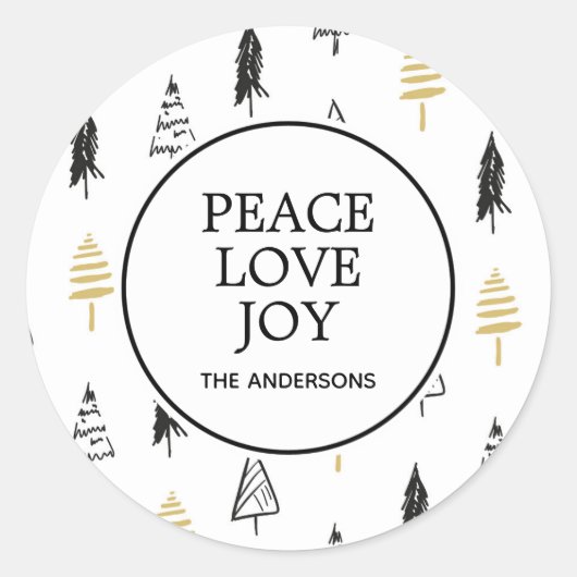 Moderne Black & Gold Peace Liebe Joy Christmas Tre Runder Aufkleber (Vorderseite)