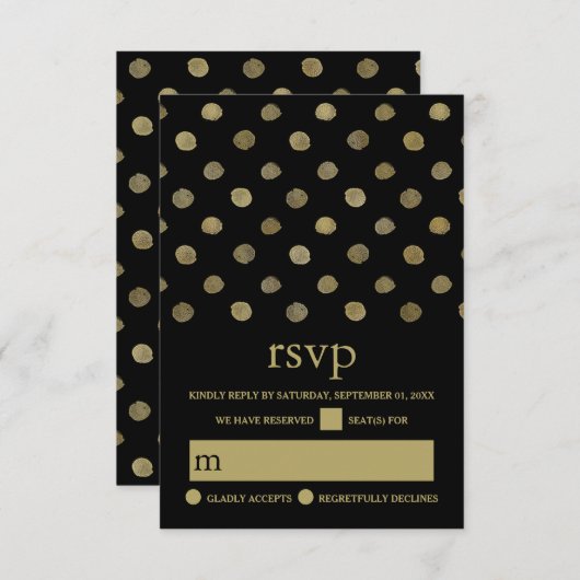 Moderne Black & Gold Polka Dots Hochzeit RSVP Karte (Vorne/Hinten)