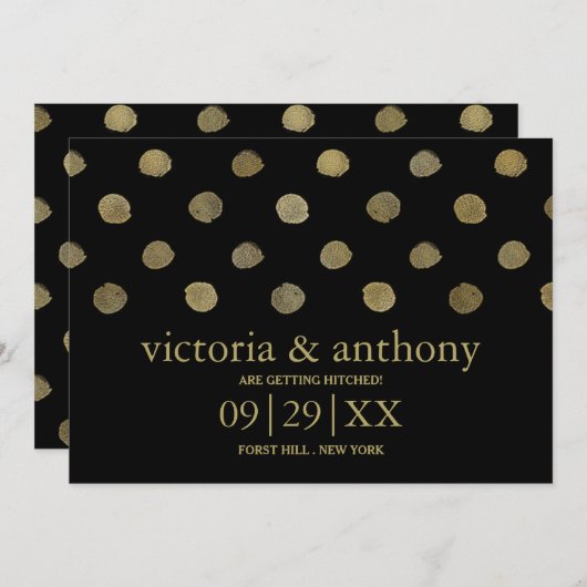 Moderne Black & Gold Polka Dots Save the Date (Vorne/Hinten)