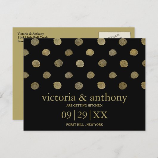 Moderne Black & Gold Polka Dots Save the Date Ankündigungspostkarte (Vorne/Hinten)