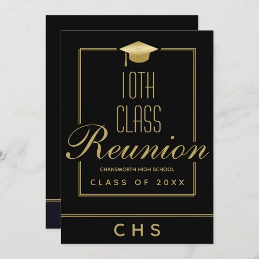 Moderne Black Gold Script 10. Klasse Wiedersehen Einladung (Vorne/Hinten)