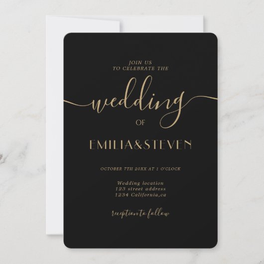 Moderne Black Gold Script Foto Initials Wedding Einladung (Vorderseite)