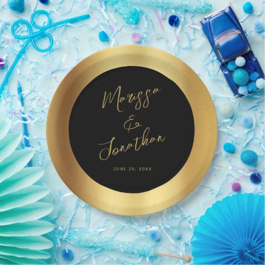 Moderne Black Gold Script Shiny Wedding Pappteller (Party)