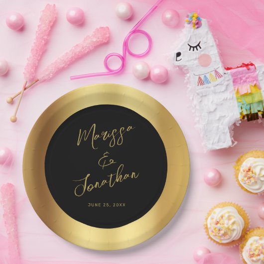 Moderne Black Gold Script Shiny Wedding Pappteller (Party)