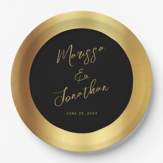 Moderne Black Gold Script Shiny Wedding Pappteller (Vorderseite)