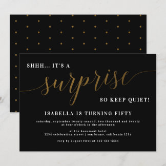 Moderne Black & Gold Script Überraschung Geburtsta Einladung