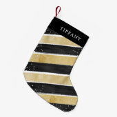 Moderne Black & Gold Snowflake Streifen Personalis Kleiner Weihnachtsstrumpf (Vorderansicht (hängend))