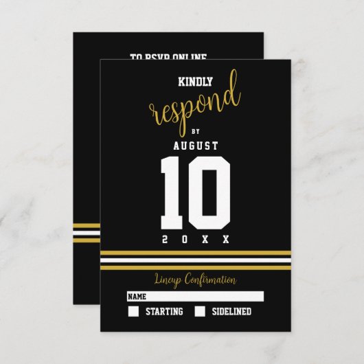 Moderne Black Gold Sporty Wedding RSVP Karte (Vorne/Hinten)