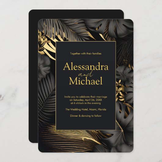 Moderne Black Gold Tropical Blätter Wedding Einladung (Vorne/Hinten)
