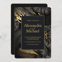 Moderne Black Gold Tropical Blätter Wedding Einladung