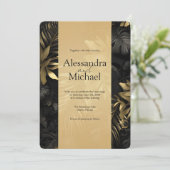 Moderne Black Gold Tropical Blätter Wedding Einladung (Stehend Vorderseite)