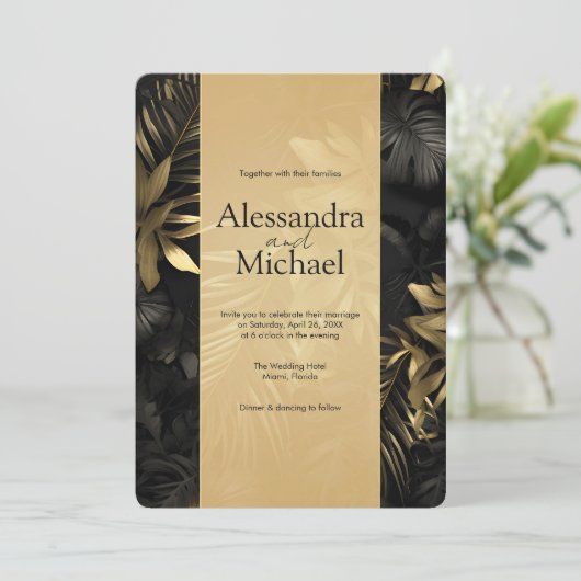 Moderne Black Gold Tropical Blätter Wedding Einladung (Stehend Vorderseite)