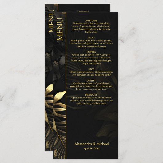 Moderne Black Gold Tropical Blätter Wedding Menükarte (Vorne/Hinten)