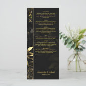 Moderne Black Gold Tropical Blätter Wedding Menükarte (Stehend Vorderseite)