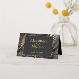 Moderne Black Gold Tropical Blätter Wedding Platzkarte