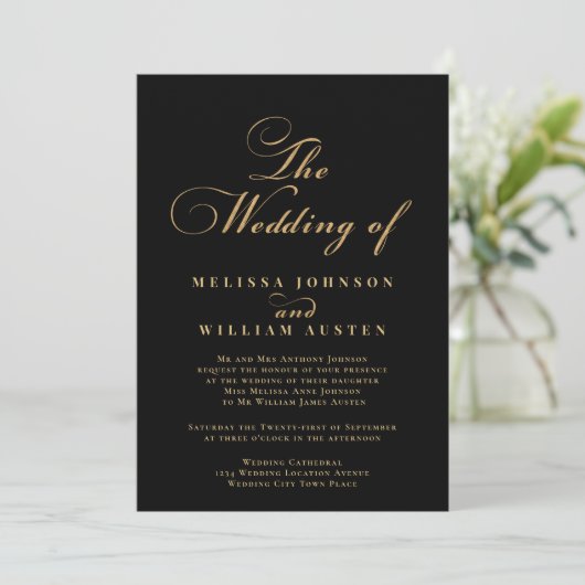 Moderne Black Gold Typografy Wedding Einladung (Stehend Vorderseite)
