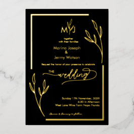 Moderne Black & Golden Leaflet-Rahmenmonogramm Folieneinladung