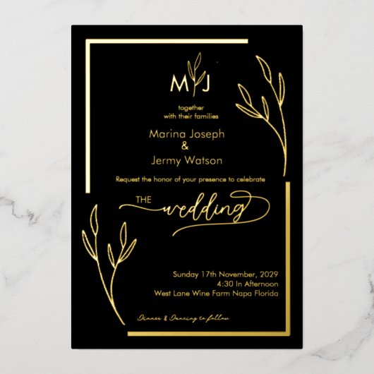 Moderne Black & Golden Leaflet-Rahmenmonogramm Folieneinladung (Vorderseite)