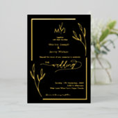 Moderne Black & Golden Leaflet-Rahmenmonogramm Folieneinladung (Stehend vorne)