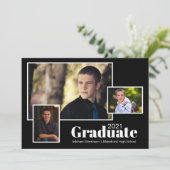 Moderne Black Graduation Party mit drei Fotos Einladung (Stehend Vorderseite)