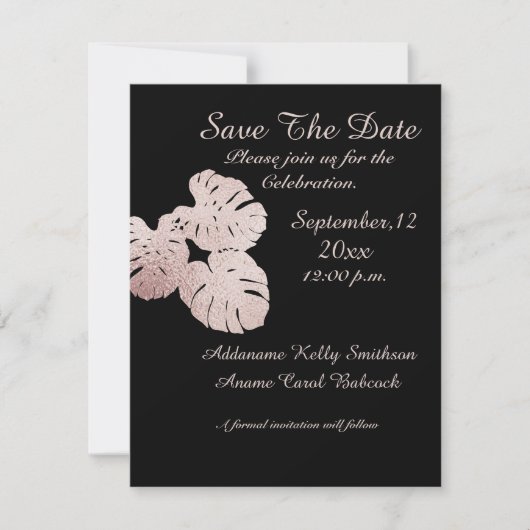 Moderne Black Graphic Rose Gold Blätter Elegant, Save The Date (Vorderseite)