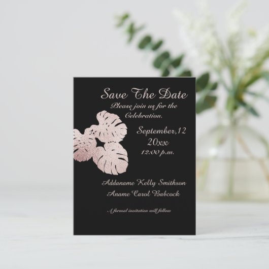 Moderne Black Graphic Rose Gold Blätter Elegant, Save The Date (Stehend Vorderseite)