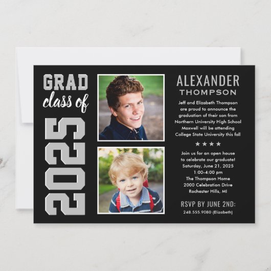 Moderne Black Gray Two Foto Graduation Party Einladung (Vorderseite)