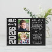 Moderne Black Gray Two Foto Graduation Party Einladung (Stehend Vorderseite)
