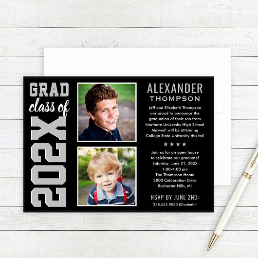 Moderne Black Gray Two Foto Graduation Party Einladung