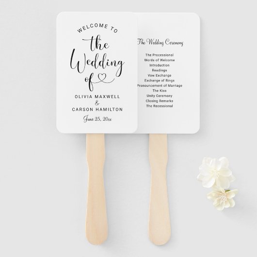 Moderne Black Heart Script Hochzeit Begrüßung Fächer (Vorne und Hinten)