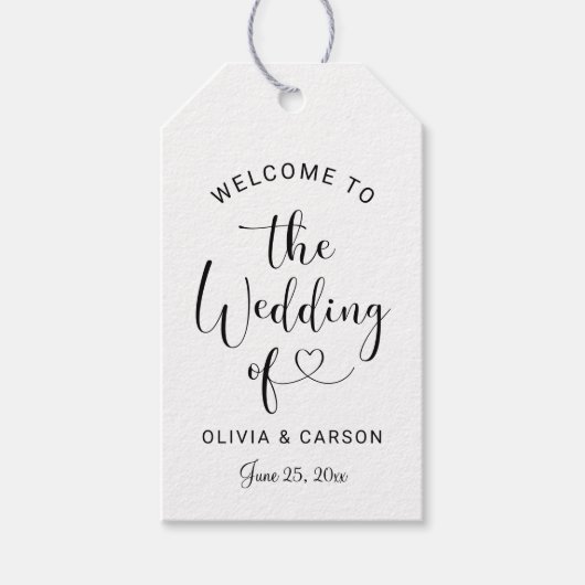 Moderne Black Heart Script Wedding Willkommen Geschenkanhänger (Vorderseite)