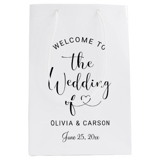 Moderne Black Heart Script Wedding Willkommen Mittlere Geschenktüte (Vorderseite)