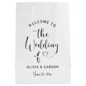 Moderne Black Heart Script Wedding Willkommen Mittlere Geschenktüte (Rückseite)