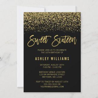 Moderne Black Imitate Gold Glitzer Sweet 16 Geburt Einladung