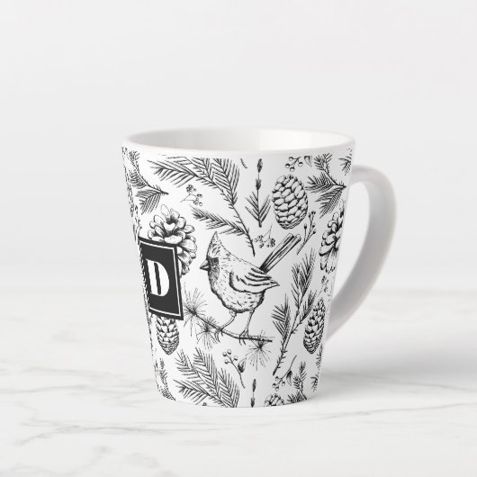 Moderne Black Kardinal Bird Pine Winter Berries Milchtasse (Rechte Ecke)