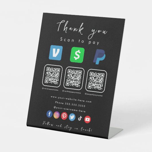 Moderne Black Multi QR Code Paypal Venmo Cash App Sockelschild (Vorderseite)