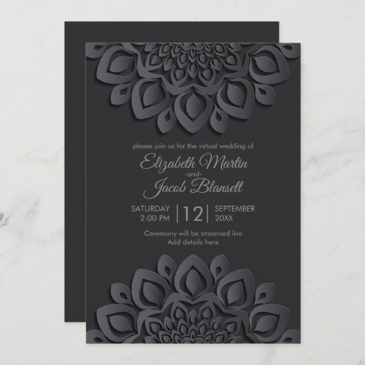 Moderne Black Papercut Mandala Virtual Wedding Einladung (Vorne/Hinten)