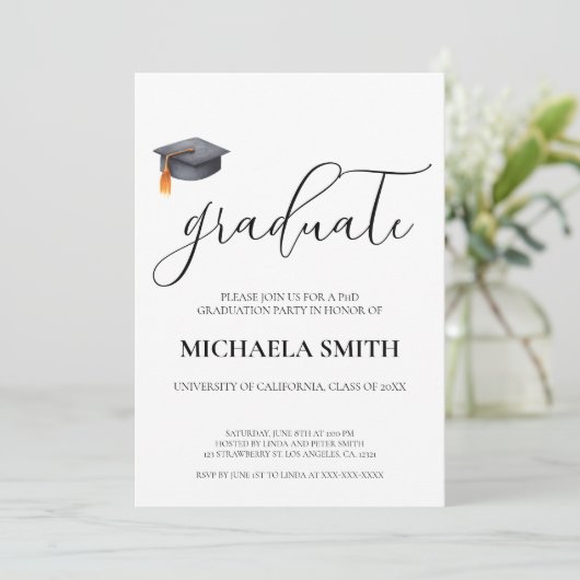 Moderne Black PhD University Graduation Party Einladung (Stehend Vorderseite)