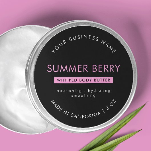 Moderne Black & Pink Body Butter Kosmetik Jar Lid Runder Aufkleber