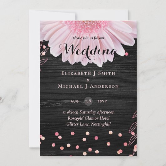 Moderne Black Pink Daisy Wedding (Vorderseite)
