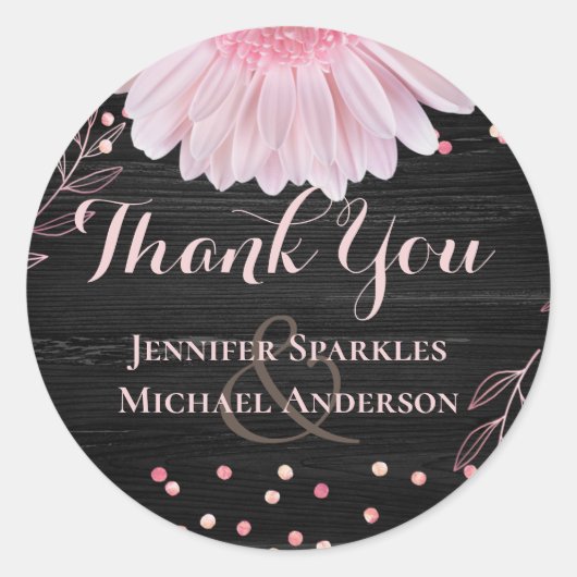 Moderne Black Pink Daisy Wedding Runder Aufkleber (Vorderseite)