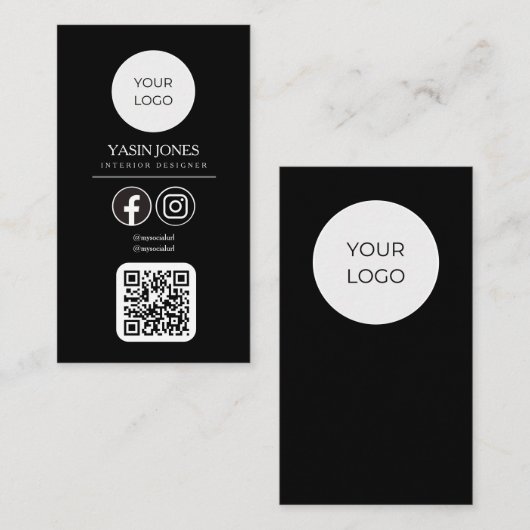 Moderne Black QR Code Social Media Business Card Telefonnummerkarte (Vorne/Hinten)